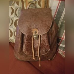 PATRICIA NASH tan Tooled Leather Drawstring Backpack